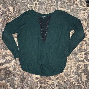 Express Teal Lace-Up V-Neck Oversized Sweater